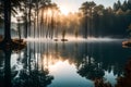 A serene lakeside at sunrise