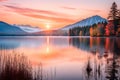 A serene lakeside sunrise, where the early morning light paints the sky in soft pastel hues