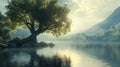 Serene Lakeside Tree Dawn Peaceful Tranquil Landscape Royalty Free Stock Photo