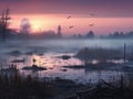 Misty Sunrise Over Wetlands, AI Generated