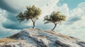 Serene landscape concept featuring two wind swept trees on a rocky hill under a dramatic sky Royalty Free Stock Photo