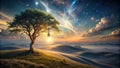 Serene landscape at dawn illuminated tree and glowing lightbulb under a starry sky. Generative AI Royalty Free Stock Photo