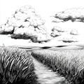 Serene landscape featuring a path through wheat fields under dramatic clouds Royalty Free Stock Photo