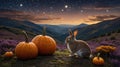 Enchanting Autumn Evening: A Rabbit, Pumpkins, and Starry Mountain Vista Royalty Free Stock Photo