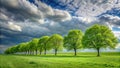 Serene landscape featuring a row of lush green trees under a dramatic sky. Generative AI Royalty Free Stock Photo
