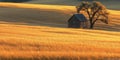 A serene landscape featuring a rustic cabin beside a solitary tree in golden fields Royalty Free Stock Photo