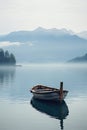 serene landscape featuring a small boat on a tranquil lake bathed in golden light