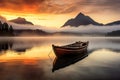 serene landscape featuring a small boat on a tranquil lake bathed in golden light