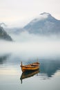 serene landscape featuring a small boat on a tranquil lake bathed in golden light