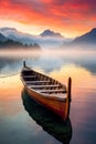 serene landscape featuring a small boat on a tranquil lake bathed in golden light