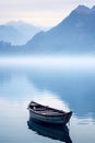 serene landscape featuring a small boat on a tranquil lake bathed in golden light