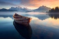 serene landscape featuring a small boat on a tranquil lake bathed in golden light