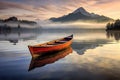 serene landscape featuring a small boat on a tranquil lake bathed in golden light