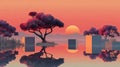 Serene landscape featuring stylized trees and geometric shapes reflecting in tranquil water at sunset, creating a harmonious blend Royalty Free Stock Photo