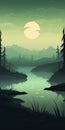 Tranquil Night Forest Landscape With River And Green Foliage