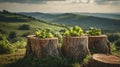 Serene Hillside Landscape: Young Plants Growing on Tree Stumps Royalty Free Stock Photo