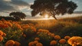 Golden Hour Marigolds Field with Sunset and Tree Silhouette Royalty Free Stock Photo