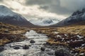 A serene landscape with a flowing river, surrounded by snowy mountains and a cloudy sky, exuding tranquility and natural beauty Royalty Free Stock Photo