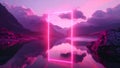 A serene landscape framed by a neon pink rectangle, reflecting on water