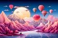 Serene landscape with glow of large moon with hot air balloons floating over mystical mountain range