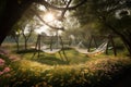 serene landscape with hammocks and swings suspended among blooming flowers