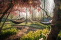 serene landscape with hammocks and swings suspended among blooming flowers