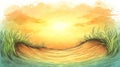 A serene landscape illustration featuring a sunset over grassy hills Royalty Free Stock Photo