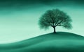 Serene landscape with lone tree on misty green hill Royalty Free Stock Photo