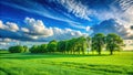 Serene landscape of lush green fields and a row of trees under a dramatic sky. Generative AI Royalty Free Stock Photo