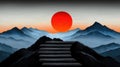 Serene landscape with mountains and a bright red sun in the sky Royalty Free Stock Photo