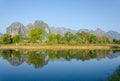 Serene landscape by the Nam Song River at Vang Vieng, Laos Royalty Free Stock Photo