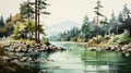Whistlerian Illustration: Tranquil River With Mid-century Pine Trees