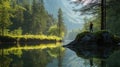 A serene landscape with a person standing on a rock by a reflective river surrounded by trees Royalty Free Stock Photo