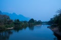 Serene landscape by the Song river at Vang Vieng Royalty Free Stock Photo