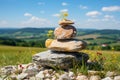 Serene landscape with stacked stones, lush green grass, and clear blue sky creating a peaceful scene Royalty Free Stock Photo