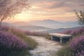 Serene Landscape with Stone Bench and Lavender Fields at Sunrise Royalty Free Stock Photo