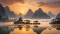 A serene landscape with sunset over the mountain and Chinese Pavilion Temple on the riverbank Royalty Free Stock Photo