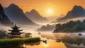 A serene landscape with sunset over the mountain and Chinese Pavilion Temple on the riverbank Royalty Free Stock Photo