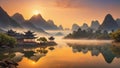 A serene landscape with sunset over the mountain and Chinese Pavilion Temple on the riverbank Royalty Free Stock Photo