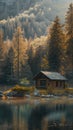 serene landscape surrounding a wooden cabin, focusing on intricate details like the texture of the wood and the play of