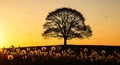Serene Sunset Landscape with Dandelions and Silhouetted Tree Royalty Free Stock Photo