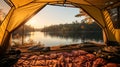 Serene Landscape View: Glimpse of Nature from Inside a Tent at Campsite at the Lake, Generative AI