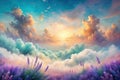 Serene lavender fields basking in a dreamlike sunrise above a sea of clouds. Generative AI Royalty Free Stock Photo