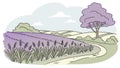 Serene lavender fields stretching towards a distant tree and mountains, vector design Generative AI Royalty Free Stock Photo
