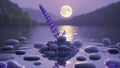 Lavender Serenity: Moonlit Stones and Water Reflection Royalty Free Stock Photo