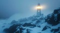 Serene Lighthouse Illuminates a Snowy Landscape at Dusk. Ethereal Glow in a Blue-Toned Winter Scene. Ideal for Tranquil