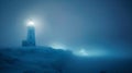 Serene Lighthouse Illuminating Foggy Night, Nautical Beacon of Hope in Misty Darkness, Peaceful Maritime Scene. AI