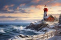 Serene Lighthouse winter. Generate Ai