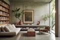 Artist Living Room with Concrete Walls and Greenery Filled with Books