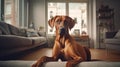 A serene living room hosts a well-trained dog, a testament to care and responsibility. Royalty Free Stock Photo